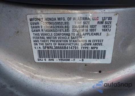 2006 Honda Odyssey Ex-L z USA, uszkodzony, nr VIN 5FNRL38666B414791